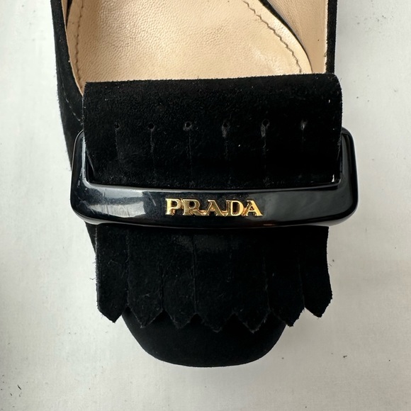 Prada Logo Black Suede Square Toe Block Heels Pumps size 38.5 - Picture 9 of 9